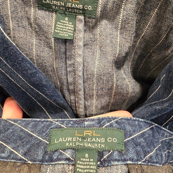 Ralph Laurel Jeans Blazer And Skirt Size 6 Blue With Pin Strips 100% Cotton - Picture 6 of 16